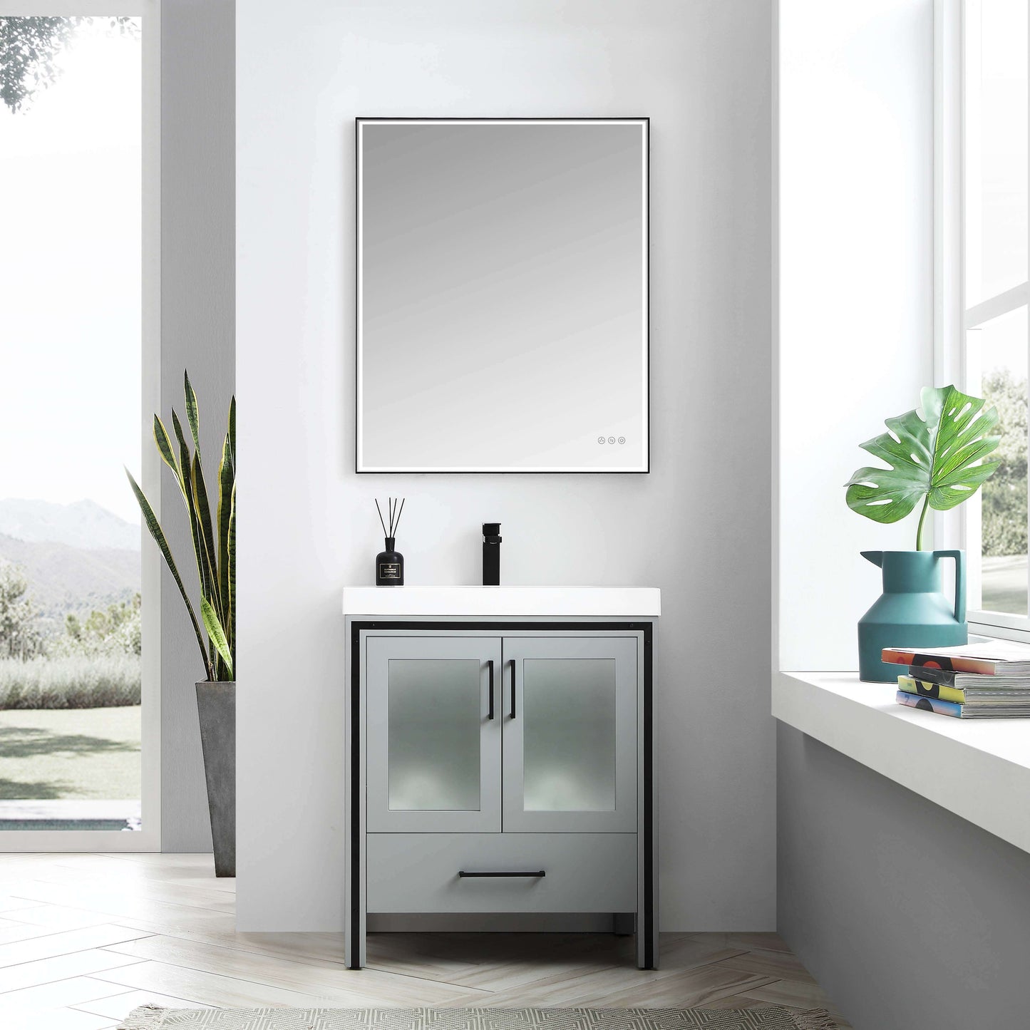 Birmingham 30-inch metal grey bathroom vanity featuring a loft design with classic transitional look, matte black front frame metal inserts with matching handles, frosted glass door inserts, tempered glass drawer organizer, waterproof polyvinyl chloride board with five layers of paint, and full extension drawers.