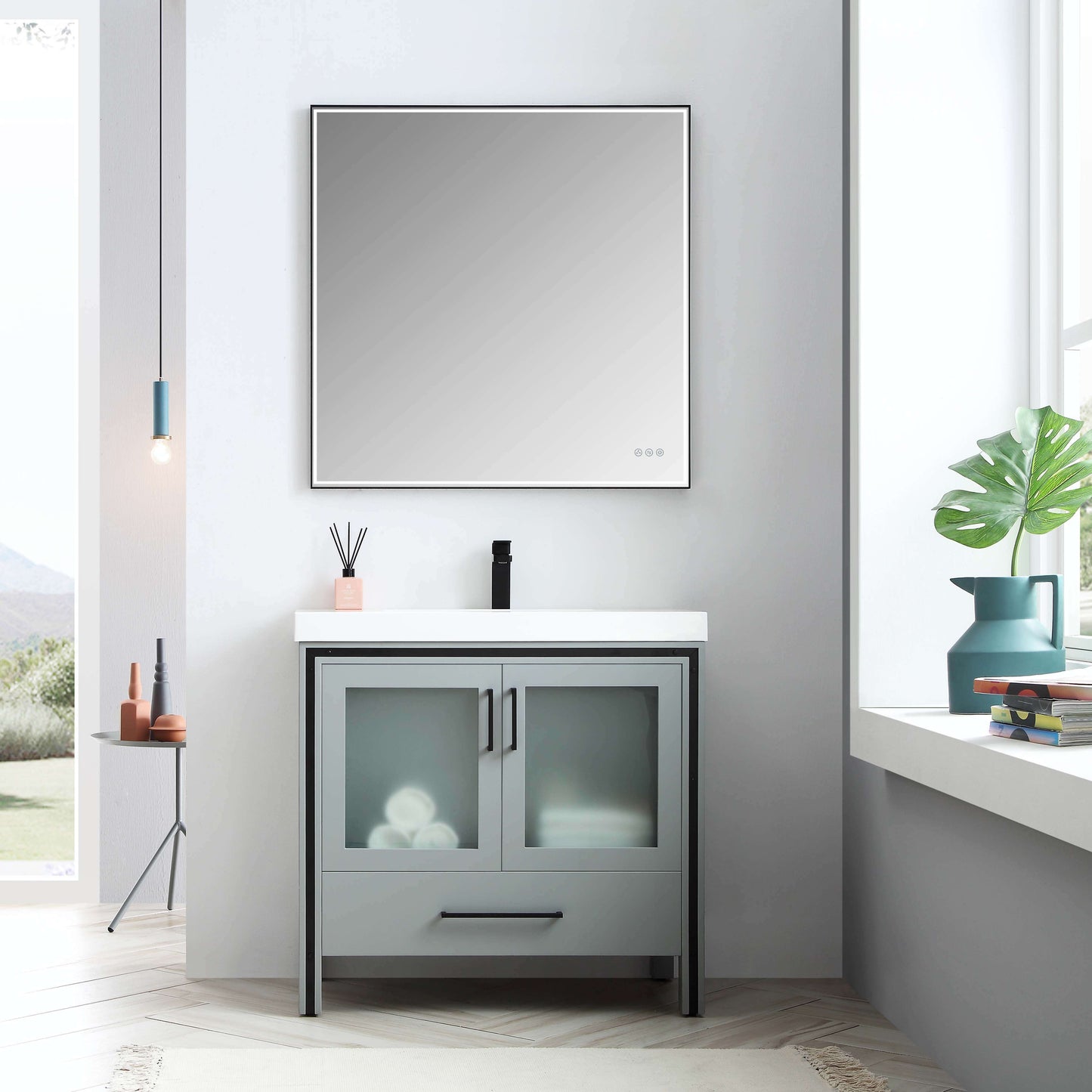 Birmingham 36-inch metal grey bathroom vanity featuring a loft design with classic transitional look, matte black front frame metal inserts with matching handles, frosted glass door inserts, tempered glass drawer organizer, waterproof polyvinyl chloride board with five layers of paint, and full extension drawers.
