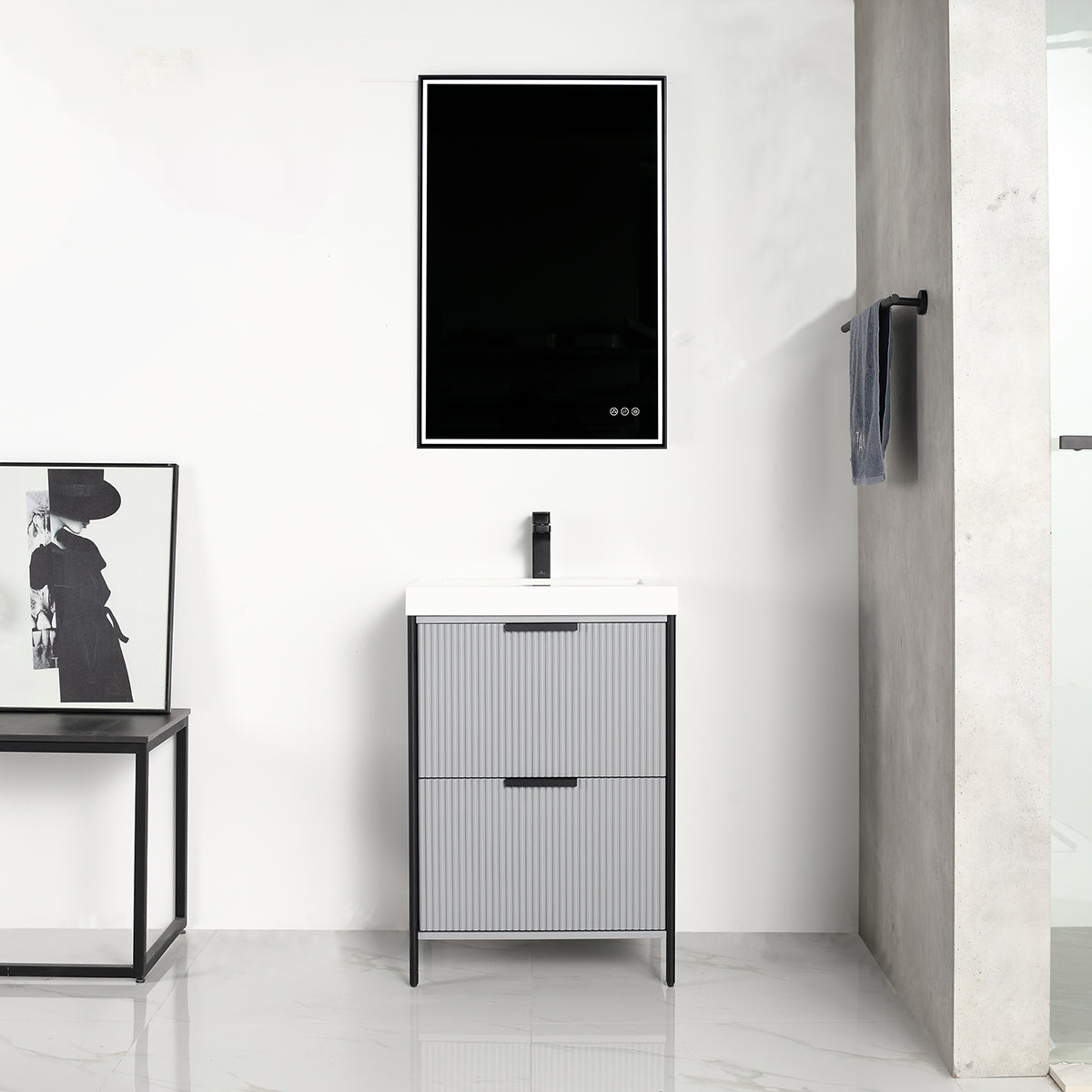 Zurich 24-inch metal gray bathroom vanity with durable plywood construction, soft-closing drawers and doors, U-shaped upper drawer for plumbing, and matte black slim handles.