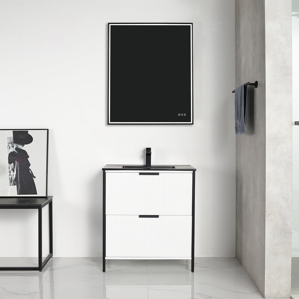 Zurich 30-inch metal gray bathroom vanity with durable plywood construction, soft-closing drawers and doors, U-shaped upper drawer for plumbing, and matte black slim handles.