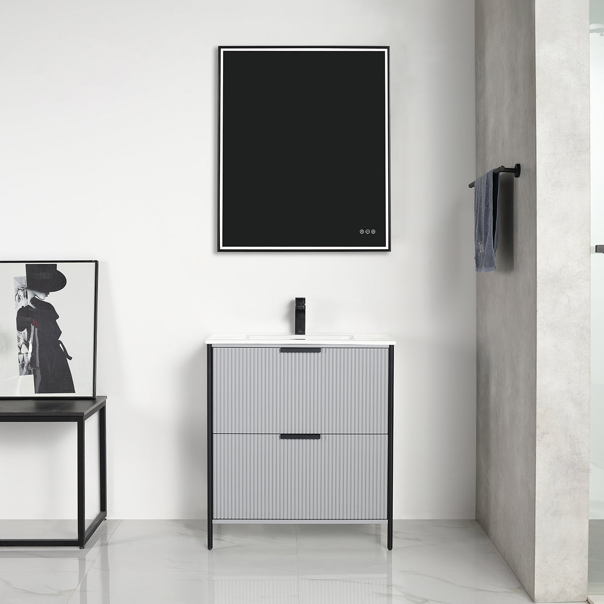 Zurich 30-inch metal gray bathroom vanity with durable plywood construction, soft-closing drawers and doors, U-shaped upper drawer for plumbing, and matte black slim handles.