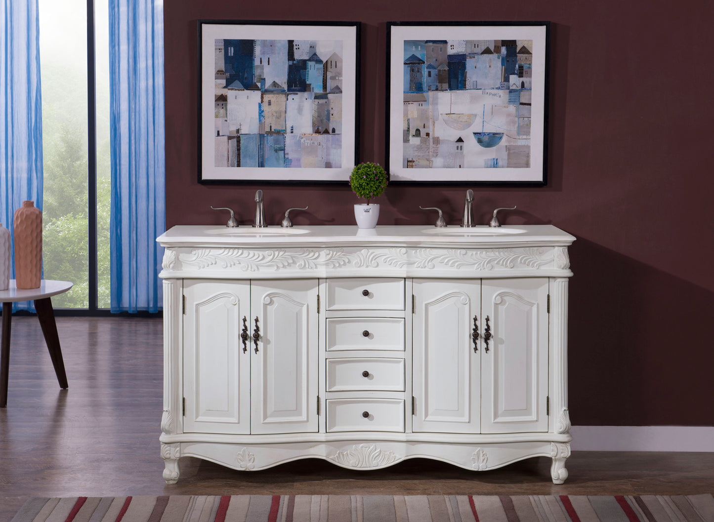 60 inch Double Bathroom vanity in Antique white with ivory white engineered marble