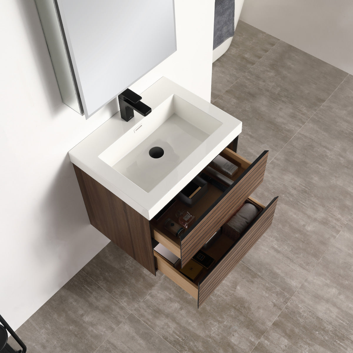 Annecy Dark Walnut Strip 24″ Vanity with Acrylic Top-Mount Basin