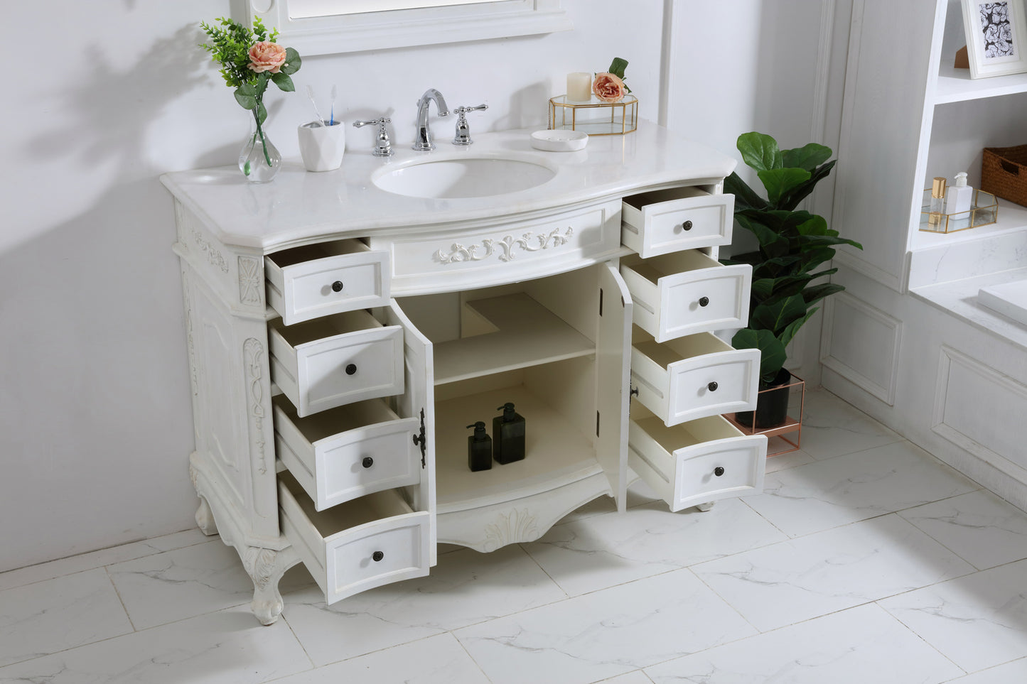 48 inch Single Bathroom vanity in antique white with ivory white engineered marble