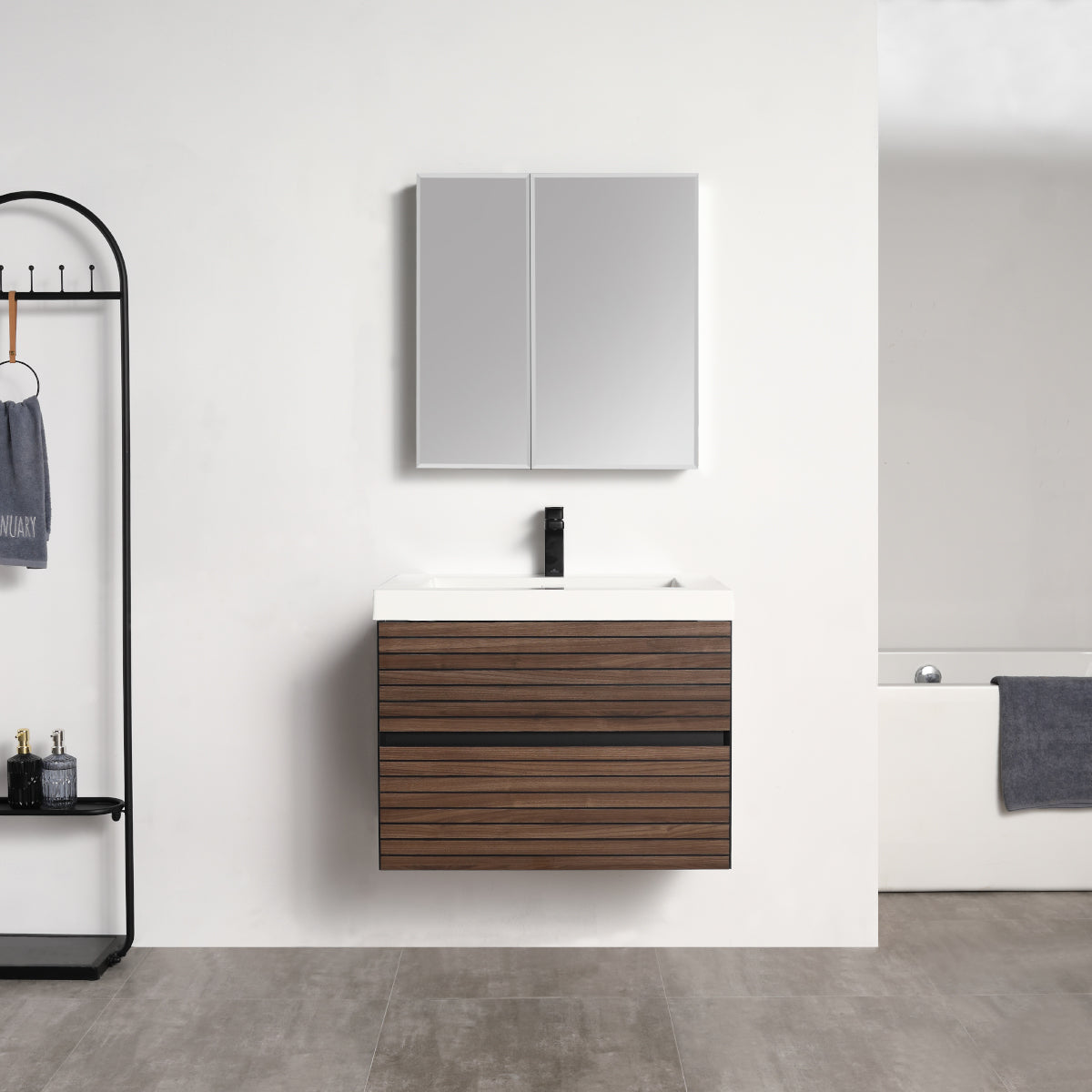 Annecy Dark Walnut Strip 30″ Vanity with Ceramic Top-Mount Basin