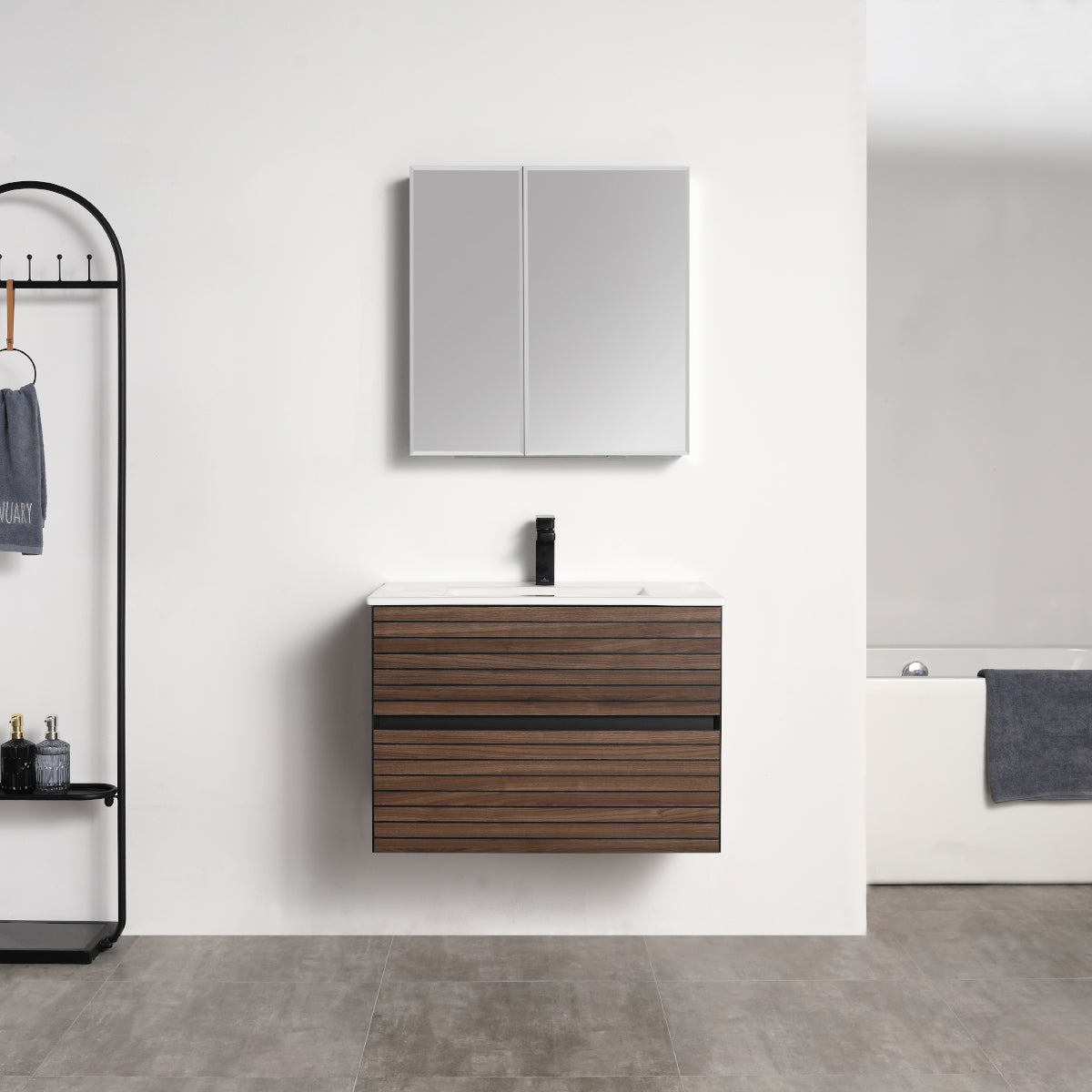 Annecy Dark Walnut Strip 30″ Vanity with Ceramic Top-Mount Basin