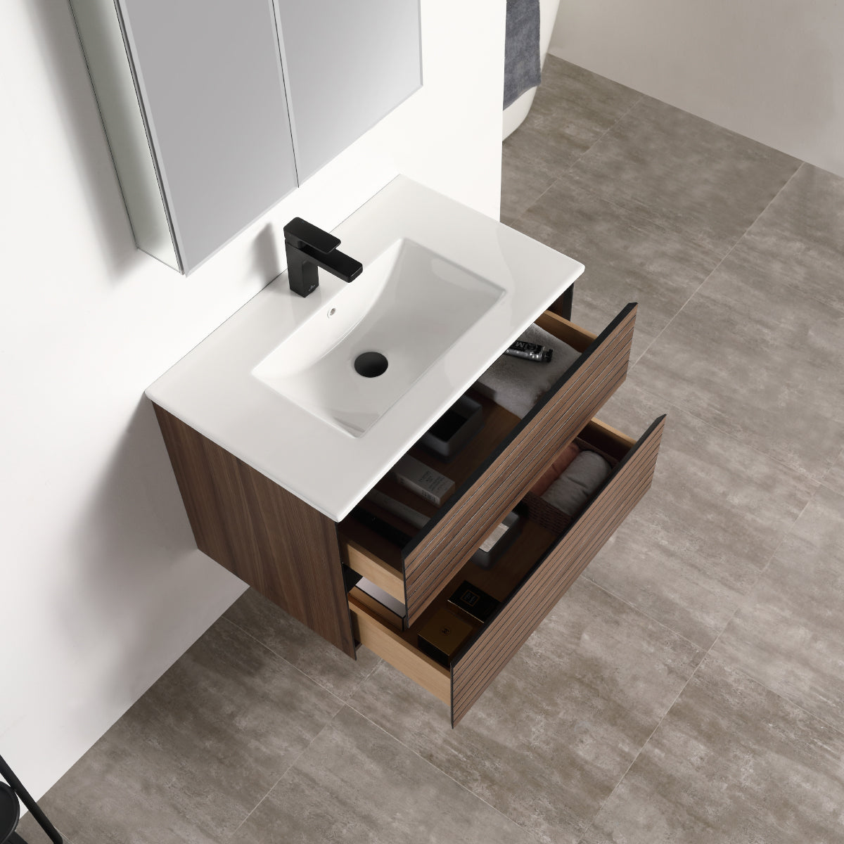 Annecy Dark Walnut Strip 30″ Vanity with Ceramic Top-Mount Basin