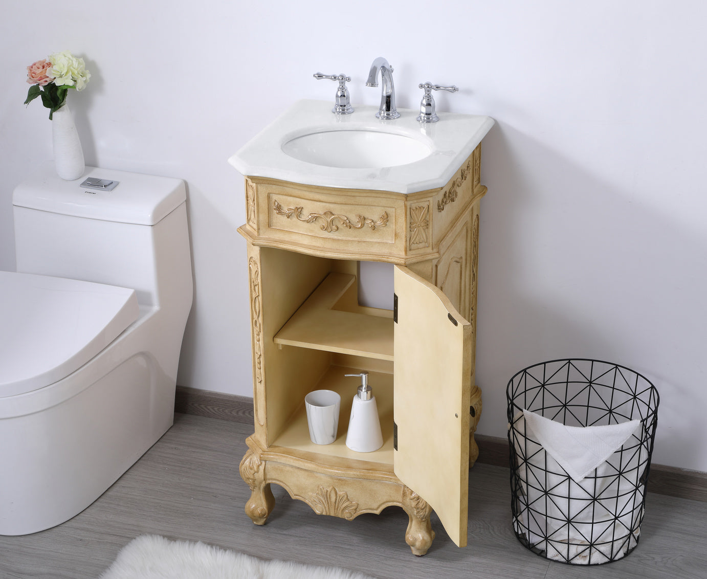 19 inch Single Bathroom vanity in Antique Beige with ivory white engineered marble