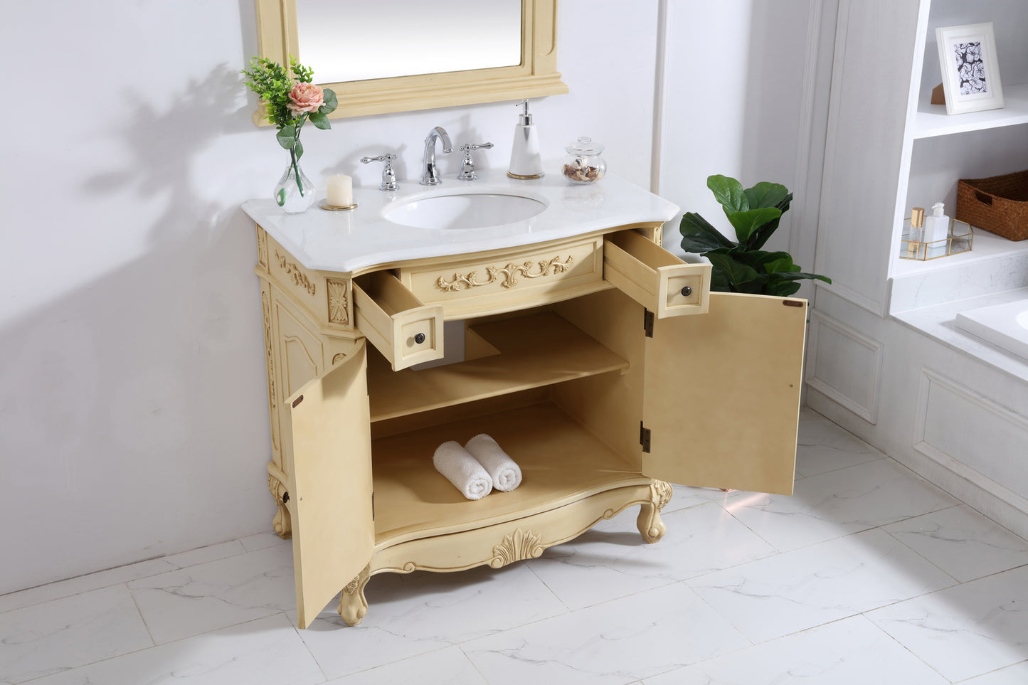 36 inch Single Bathroom vanity in light antique beige with ivory white engineered marble