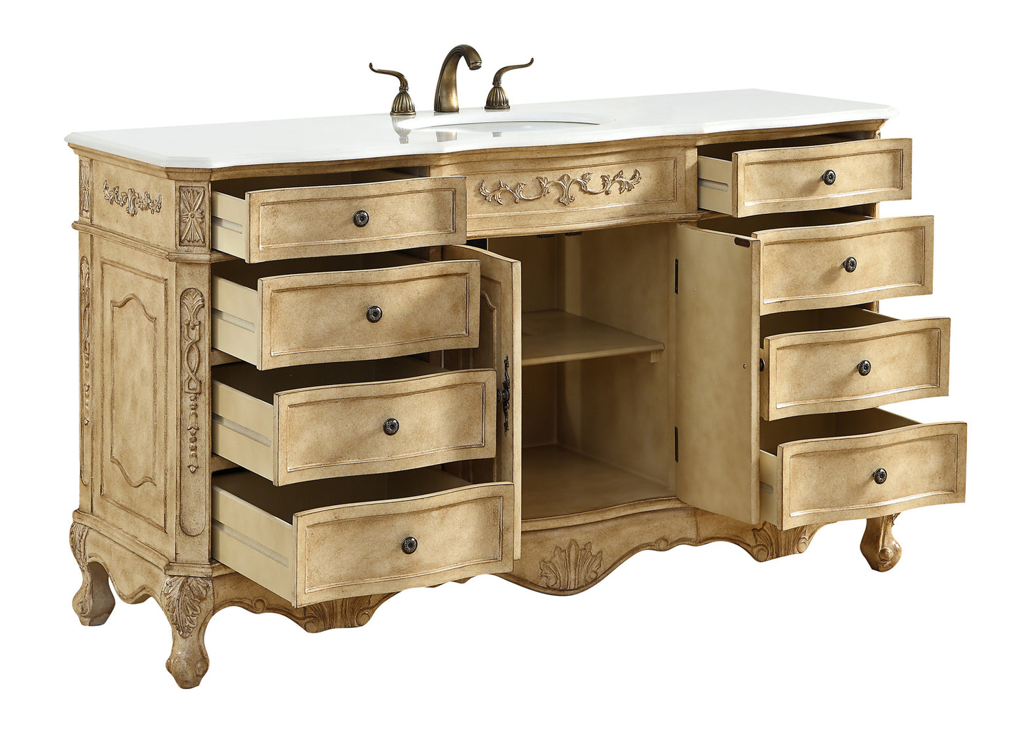 60 inch Single Bathroom vanity In Antique Beige with ivory white engineered marble