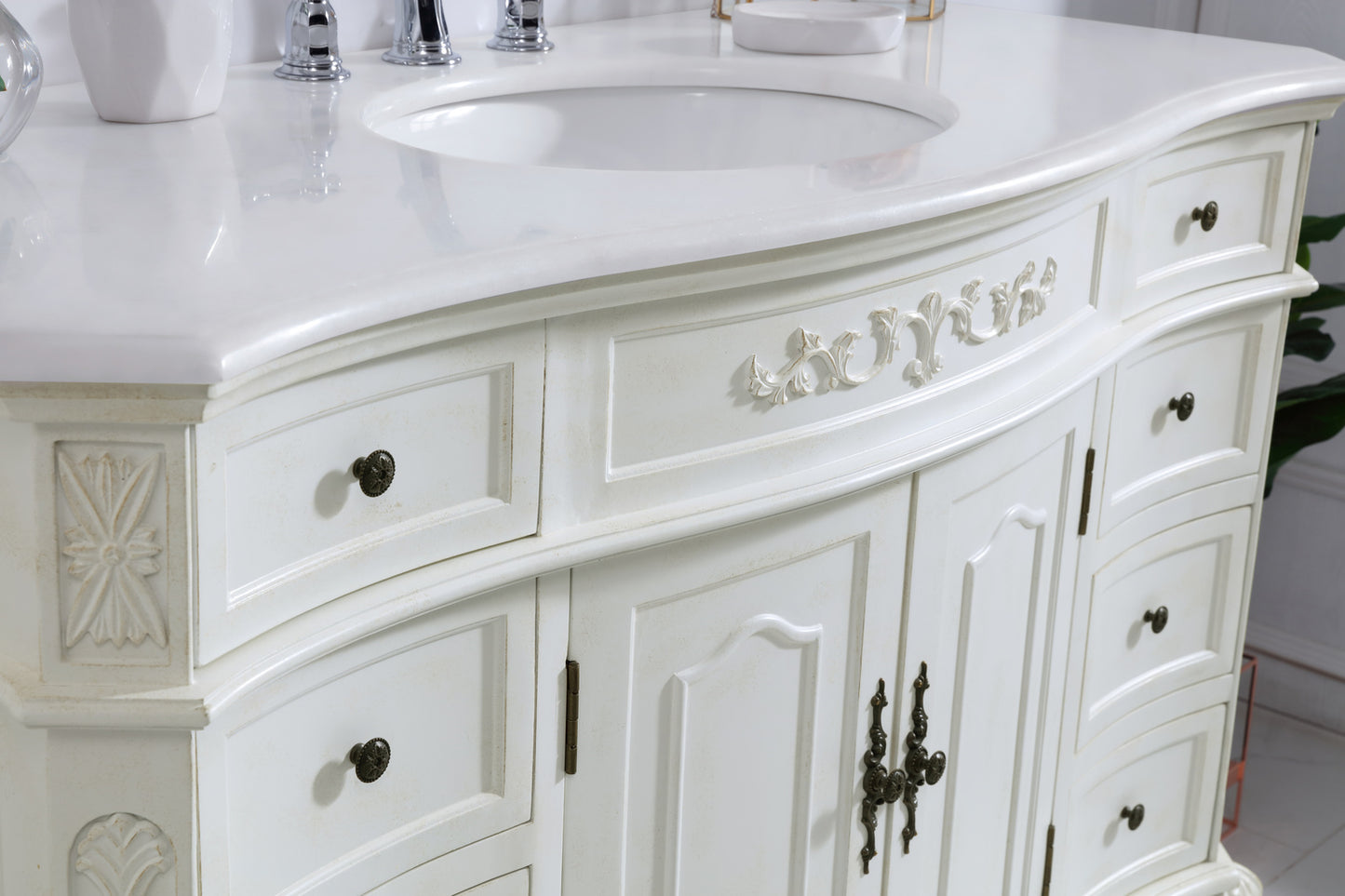 48 inch Single Bathroom vanity in antique white with ivory white engineered marble