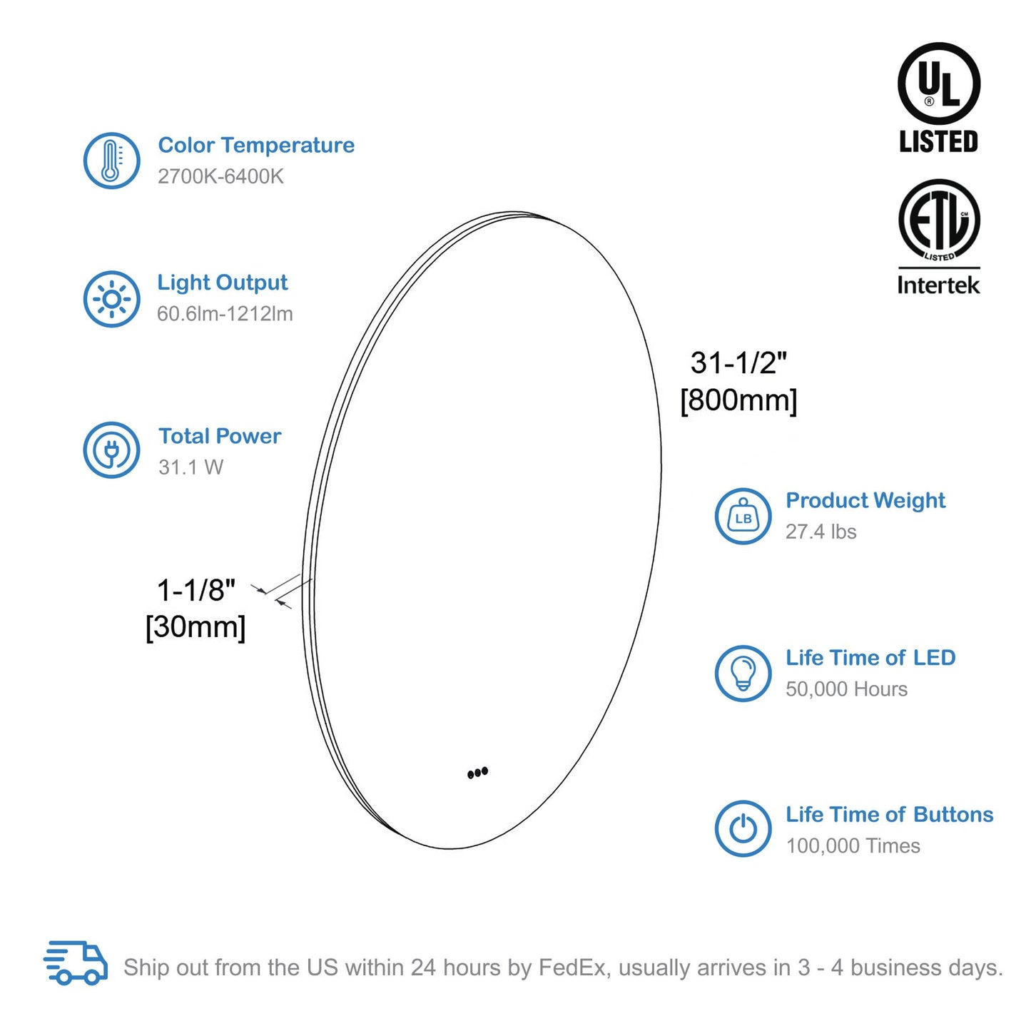 Orion - Round LED Mirror Frosted Side
