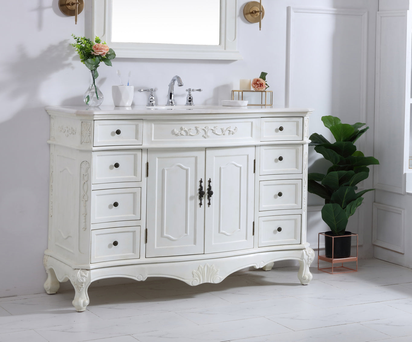 48 inch Single Bathroom vanity in antique white with ivory white engineered marble