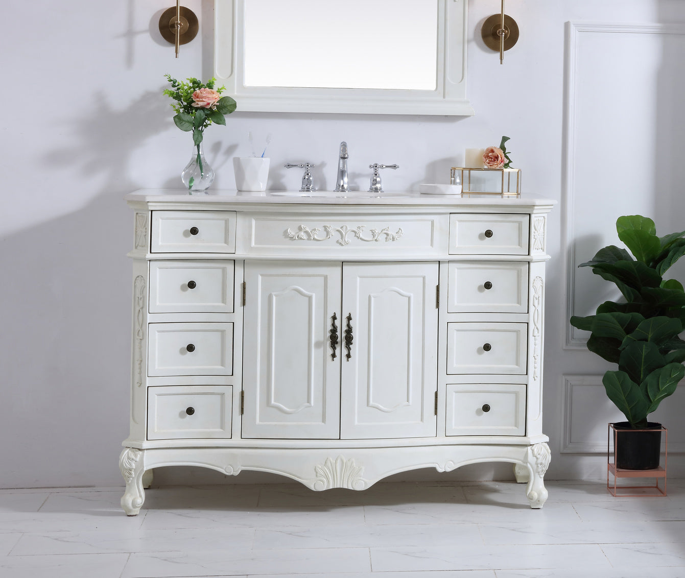 48 inch Single Bathroom vanity in antique white with ivory white engineered marble