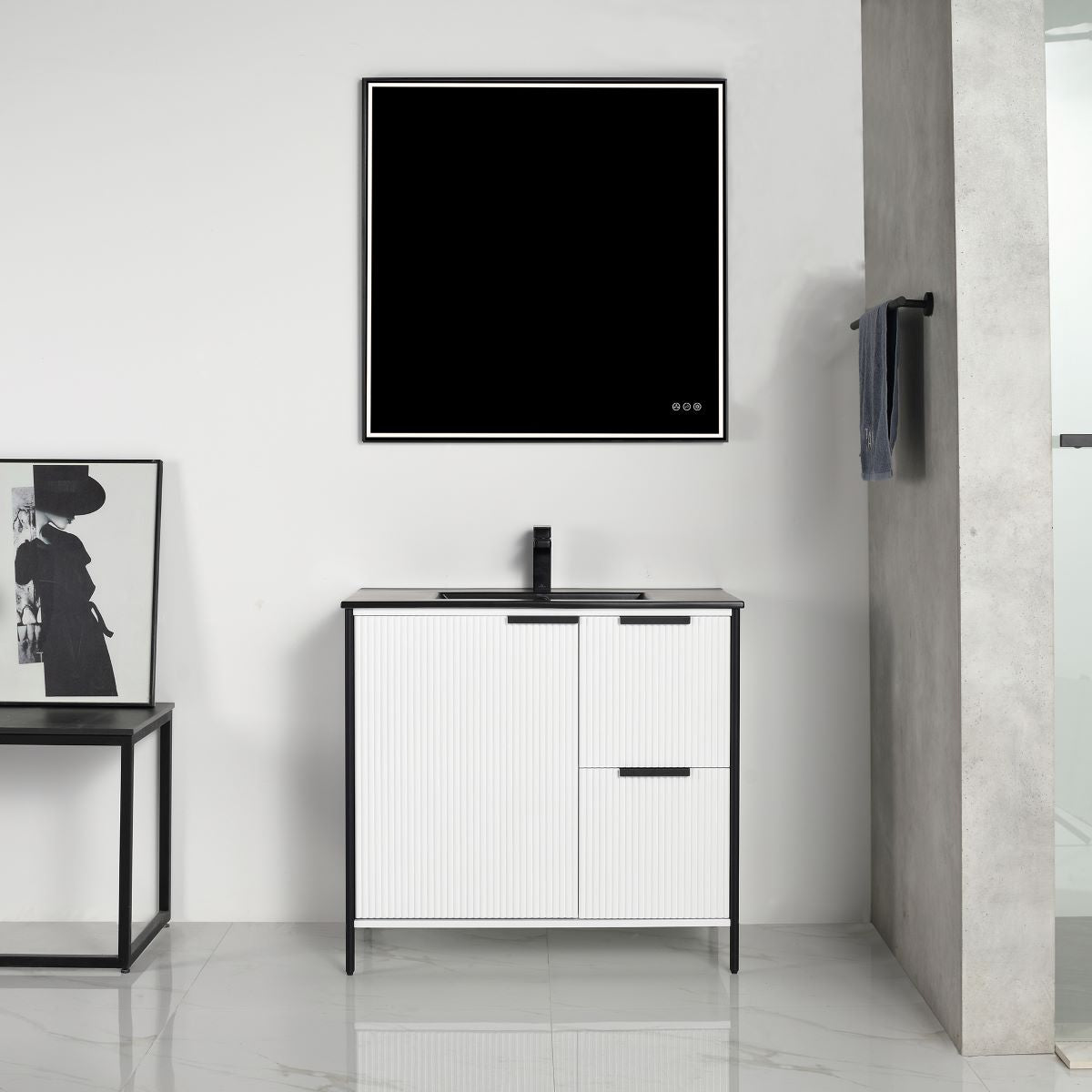 Zurich 36-inch metal gray bathroom vanity with durable plywood construction, soft-closing drawers and doors, U-shaped upper drawer for plumbing, and matte black slim handles.