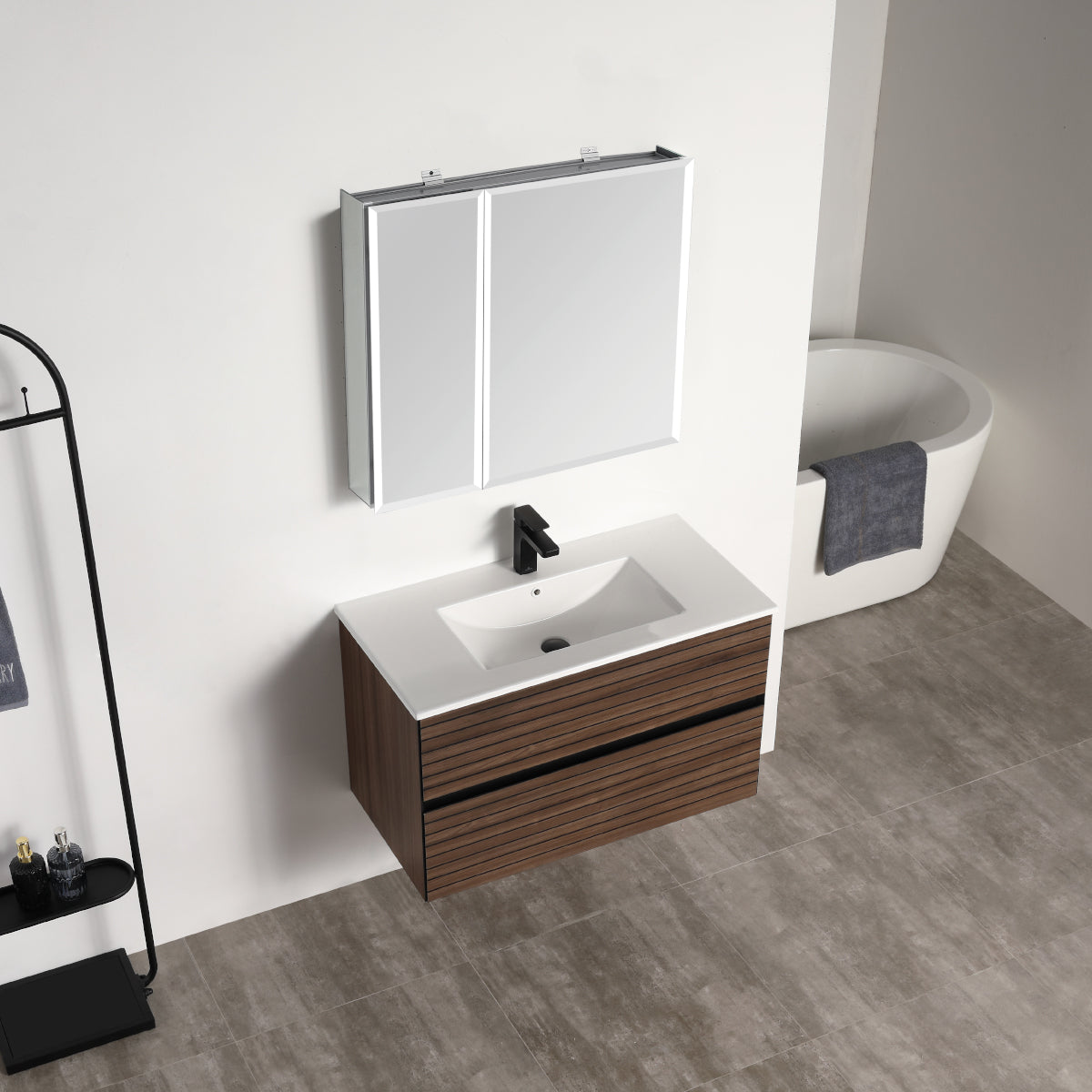 Annecy Dark Walnut Strip 36″ Vanity with Ceramic Top-Mount Basin
