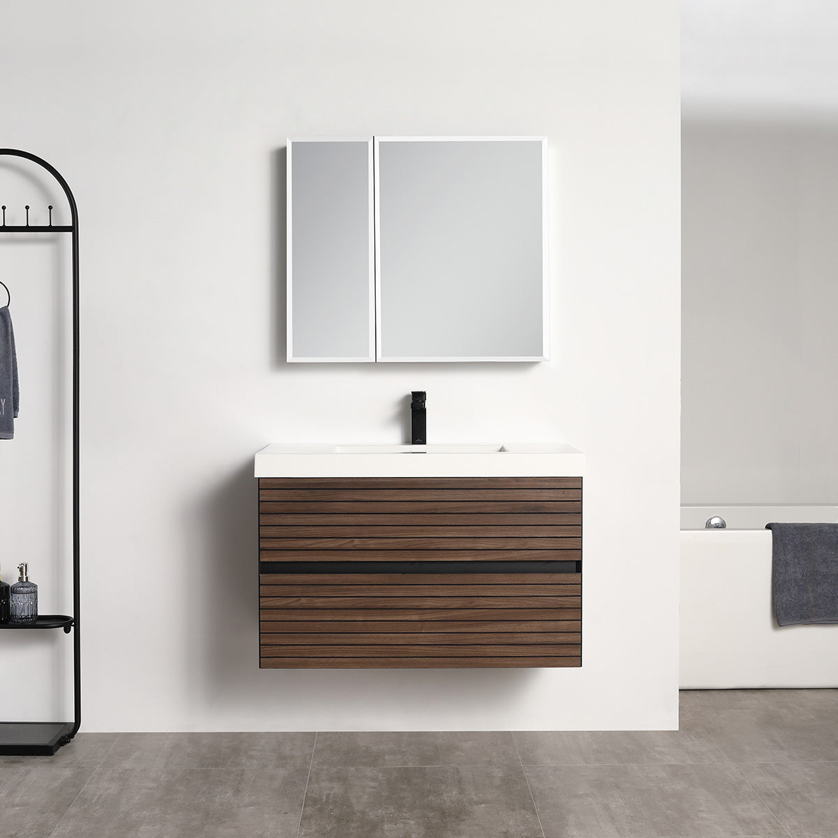 Annecy Dark Walnut Strip 36″ Vanity with Ceramic Top-Mount Basin