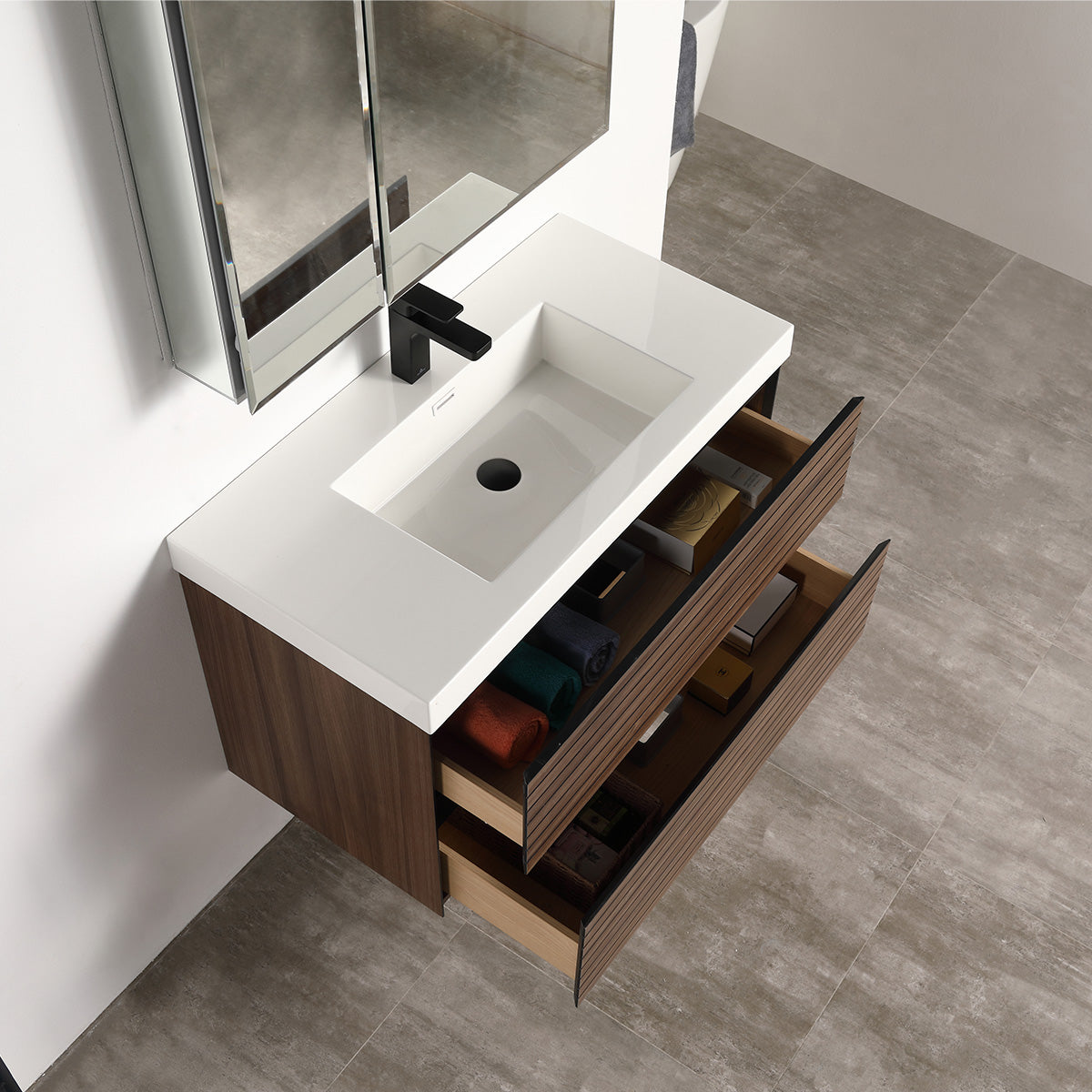 Annecy Dark Walnut Strip 36″ Vanity with Ceramic Top-Mount Basin