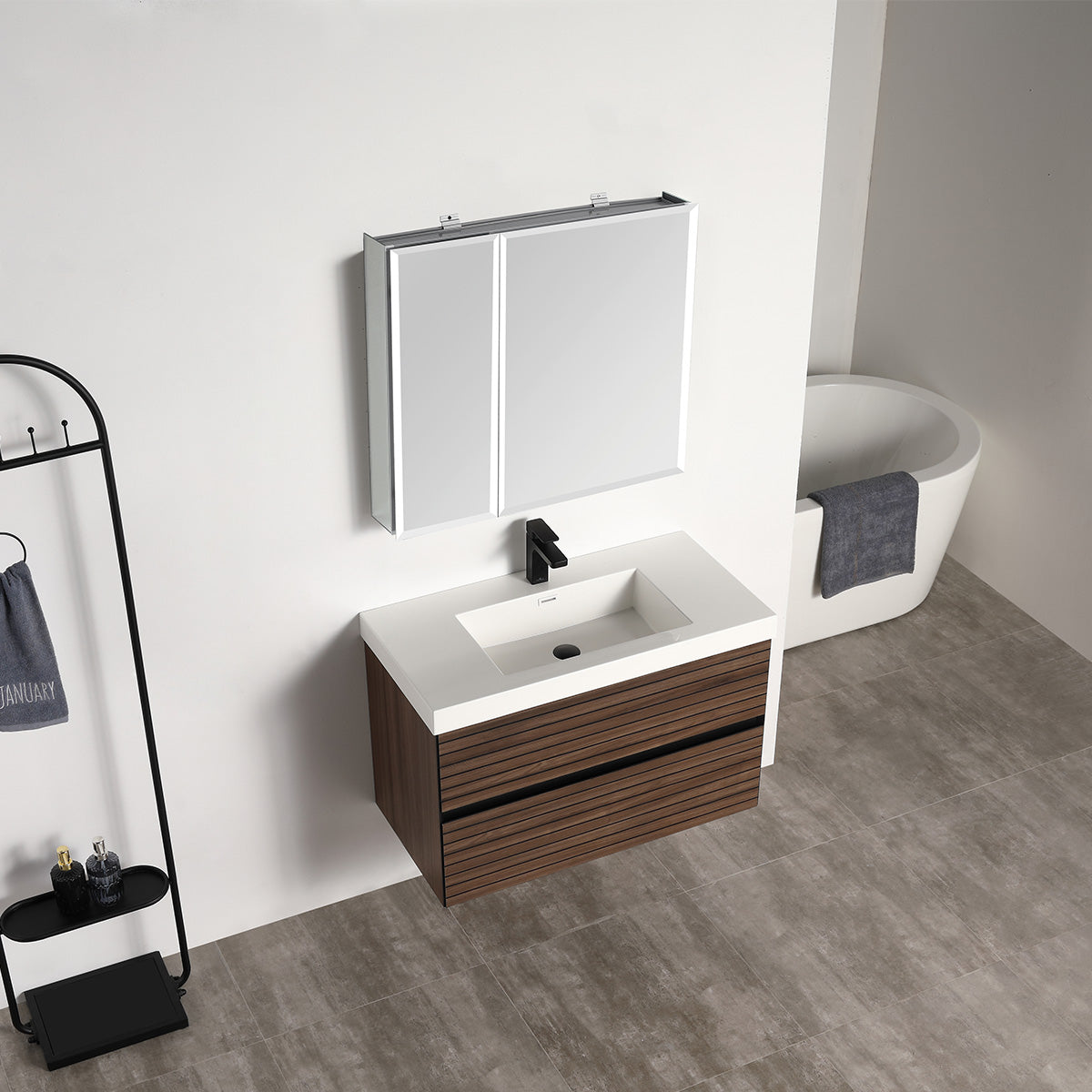 Annecy Dark Walnut Strip 36″ Vanity with Ceramic Top-Mount Basin