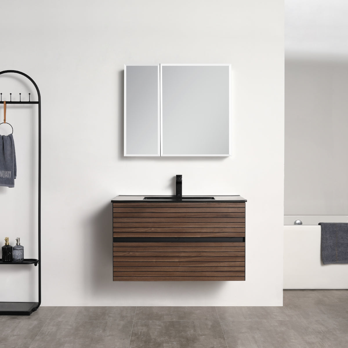 Annecy Dark Walnut Strip 36″ Vanity with Ceramic Top-Mount Basin