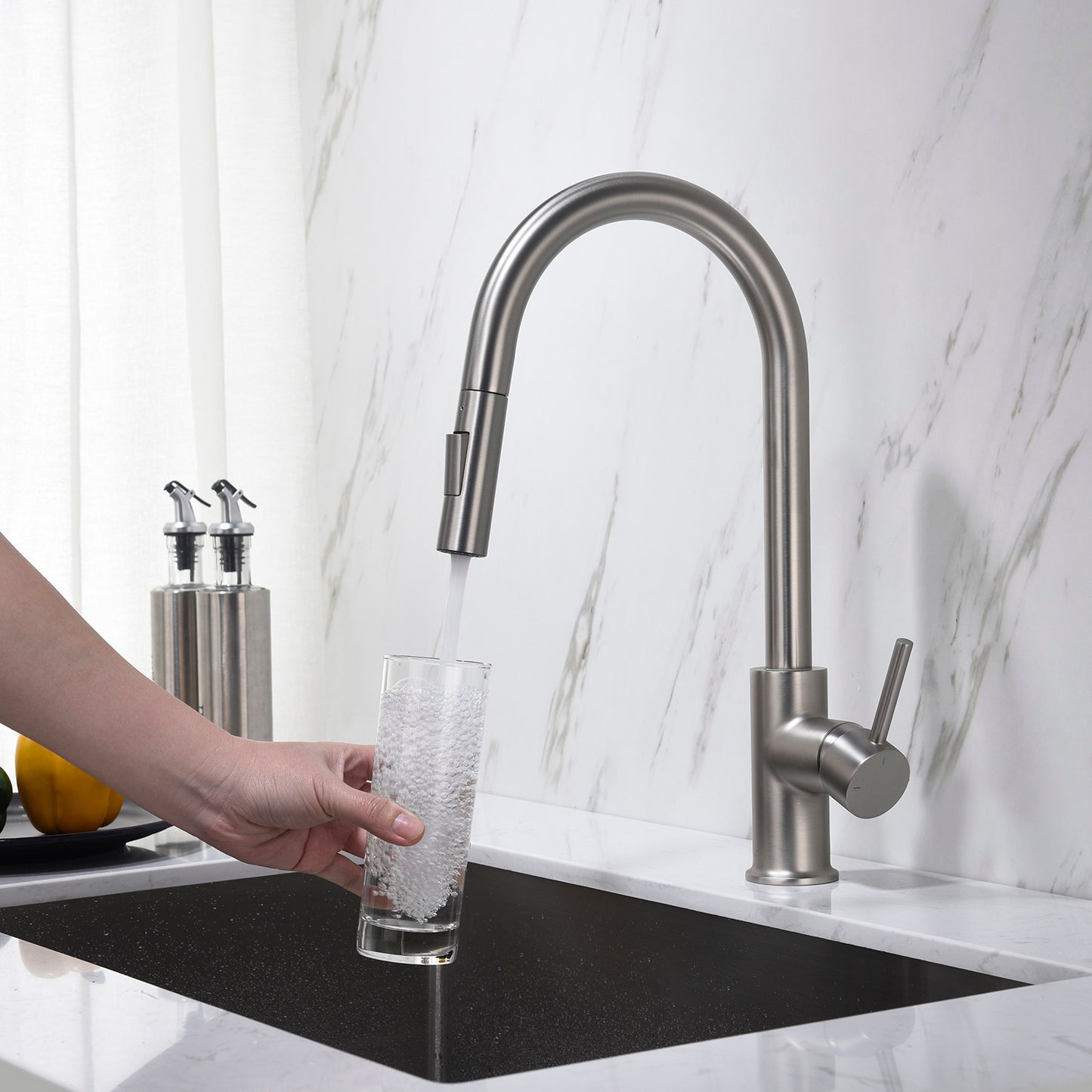 Kitchen - Single Handle Pull Down Brush Nickel Faucet - F01 206