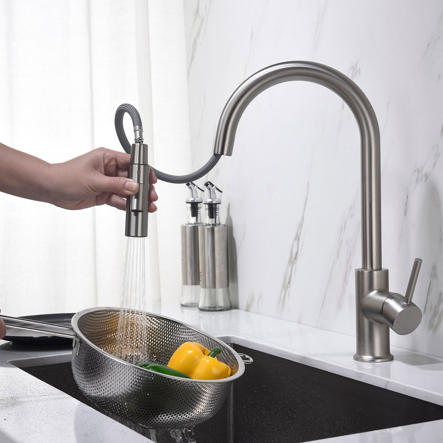 Kitchen - Single Handle Pull Down Brush Nickel Faucet - F01 206