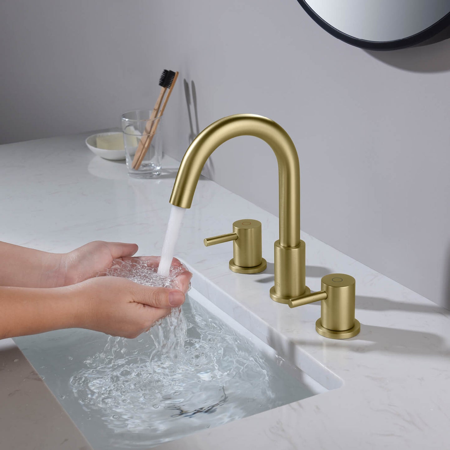 Wide Spread Lavatory Faucet – Brush Gold