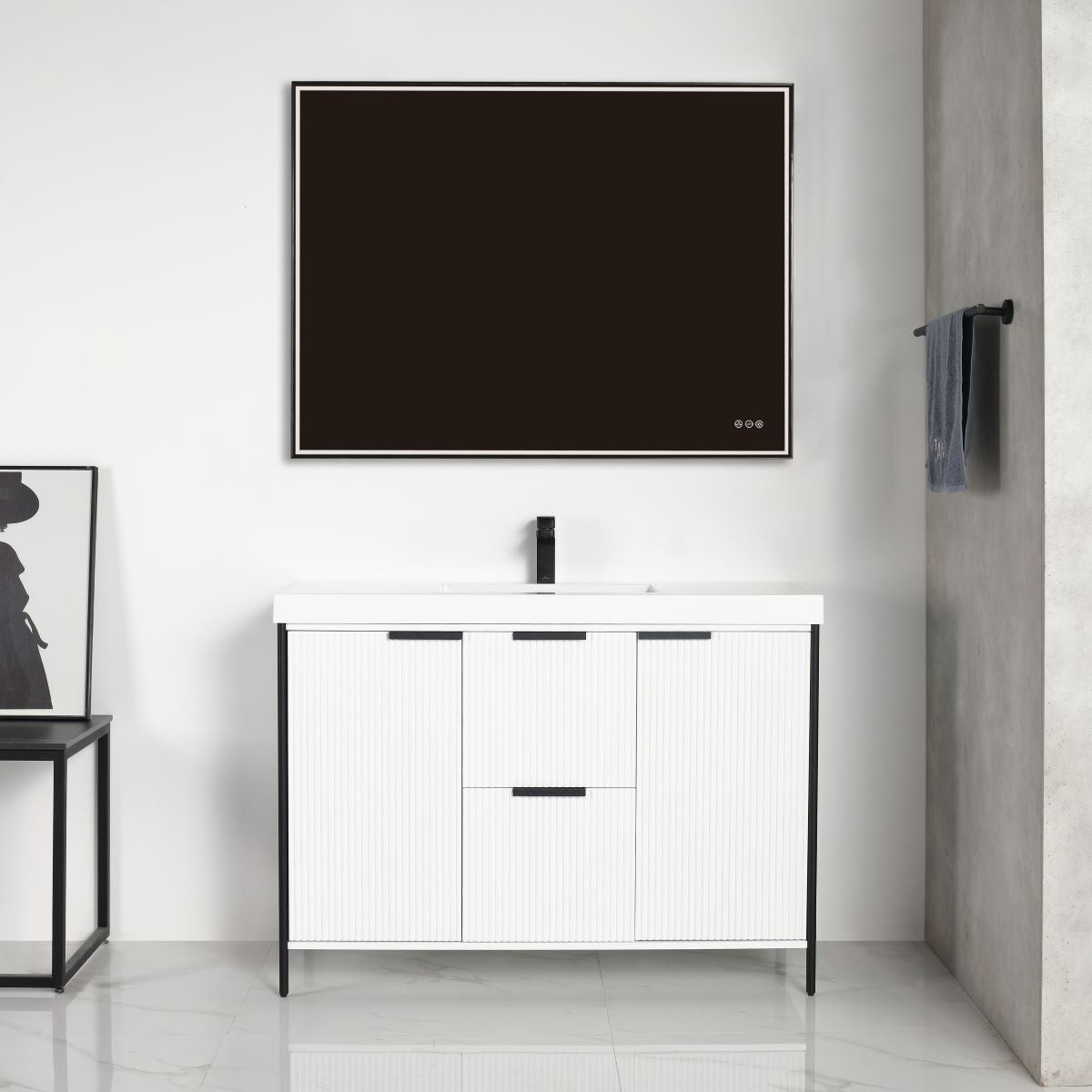 Zurich 48-inch glossy white bathroom vanity with durable plywood construction, soft-closing drawers and doors, U-shaped upper drawer for plumbing, and matte black slim handles.