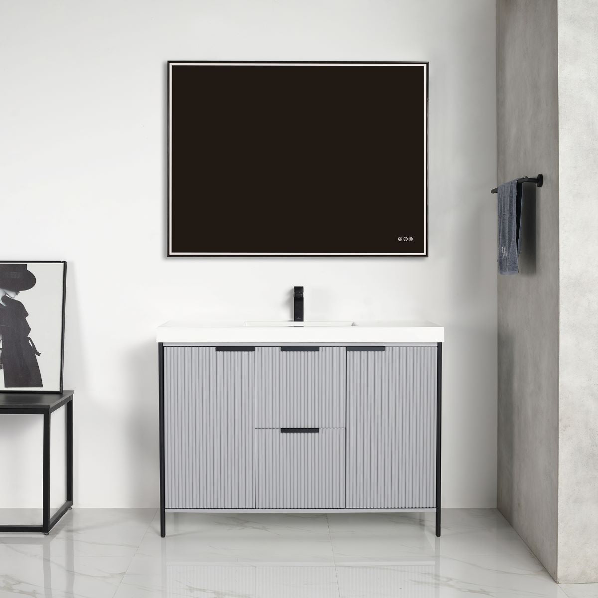 Zurich 48-inch metal gray bathroom vanity with durable plywood construction, soft-closing drawers and doors, U-shaped upper drawer for plumbing, and matte black slim handles.