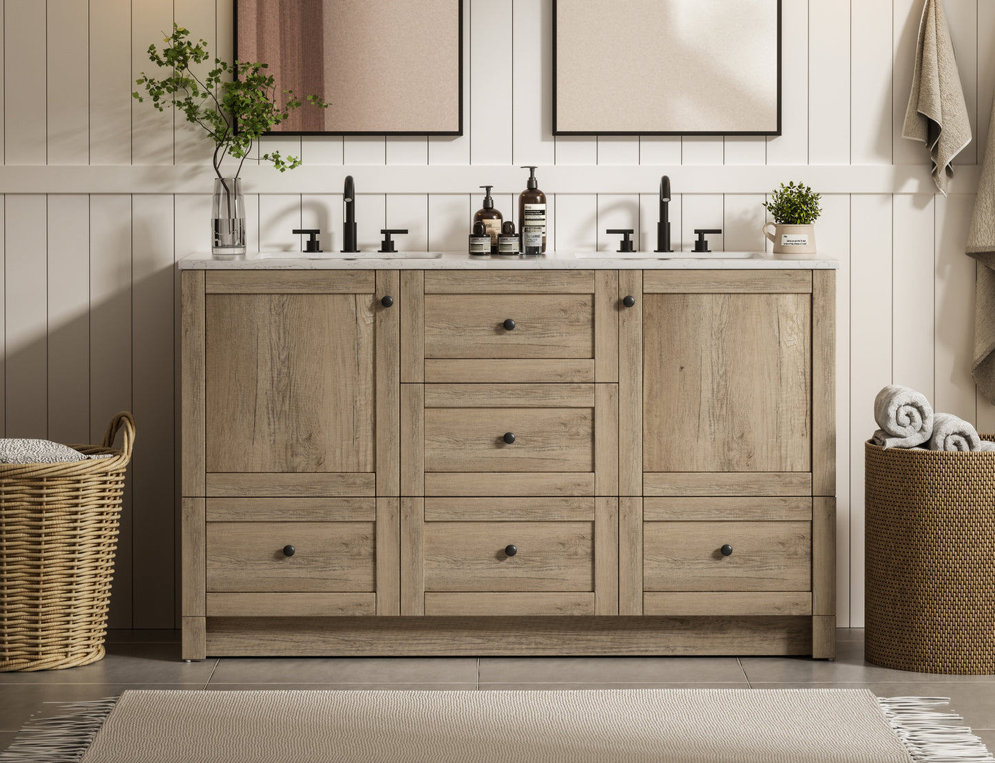 54 inch Double Bathroom Vanity In Natural Oak VF2854DNT