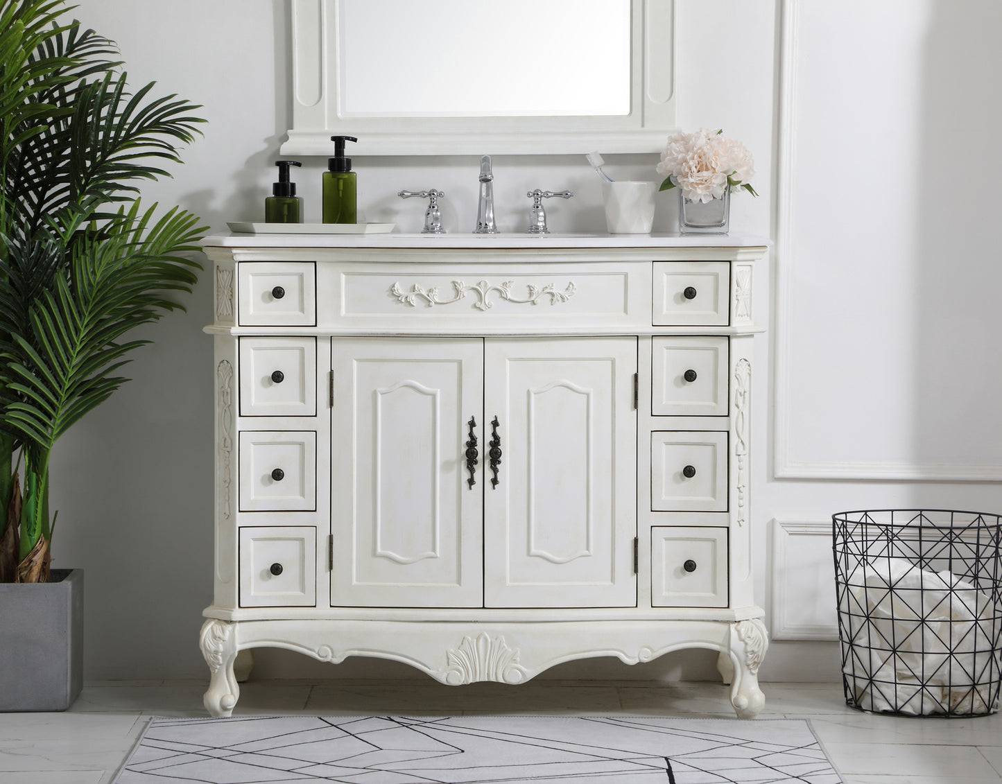42 inch Single Bathroom vanity in Antique White with ivory white engineered marble