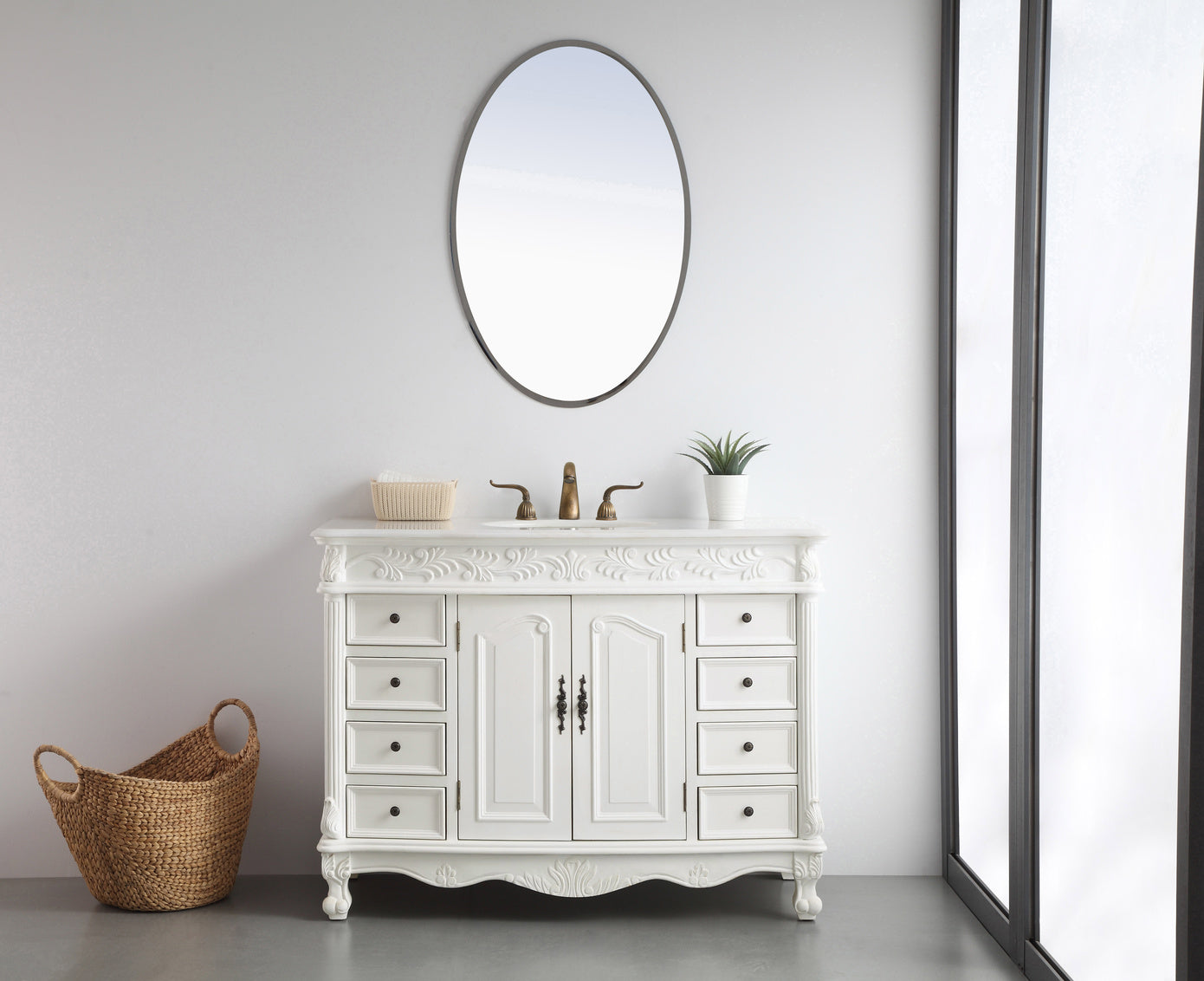 48 inch Single Bathroom vanity in Antique White with ivory white engineered marble