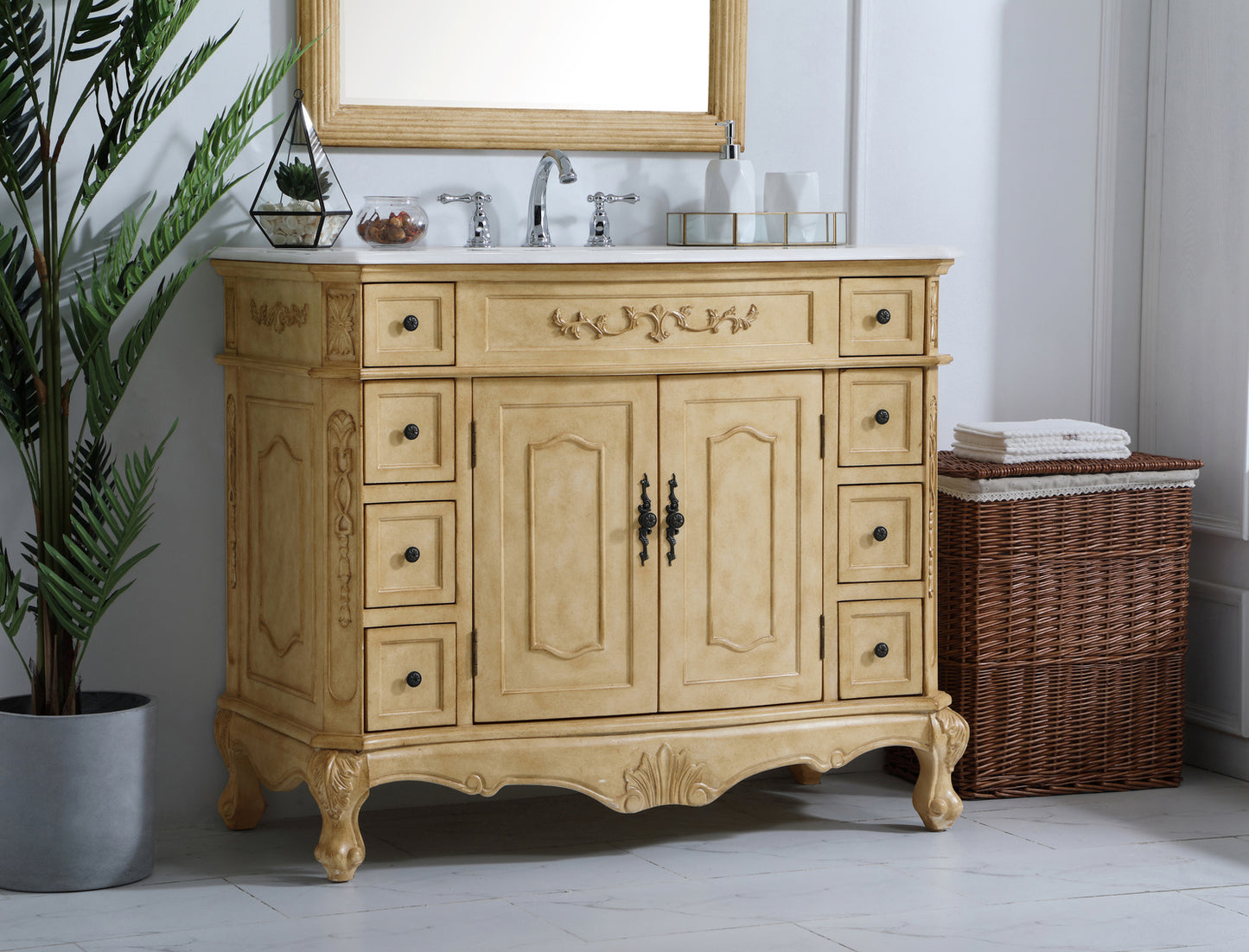 42 inch Single Bathroom vanity in Light Antique Beige with ivory white engineered marble