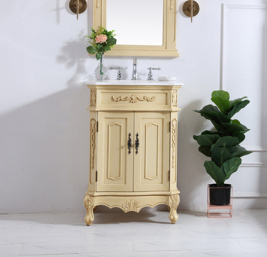 24 inch Single Bathroom vanity in light antique beige with ivory white engineered marble