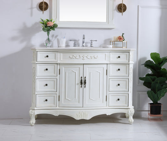 48 inch Single Bathroom vanity in antique white with ivory white engineered marble