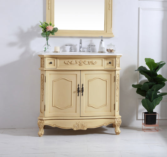 36 inch Single Bathroom vanity in light antique beige with ivory white engineered marble