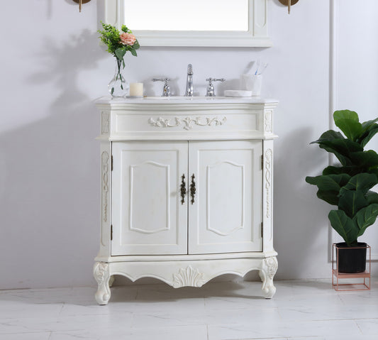 32 inch Single Bathroom vanity in antique white with ivory white engineered marble